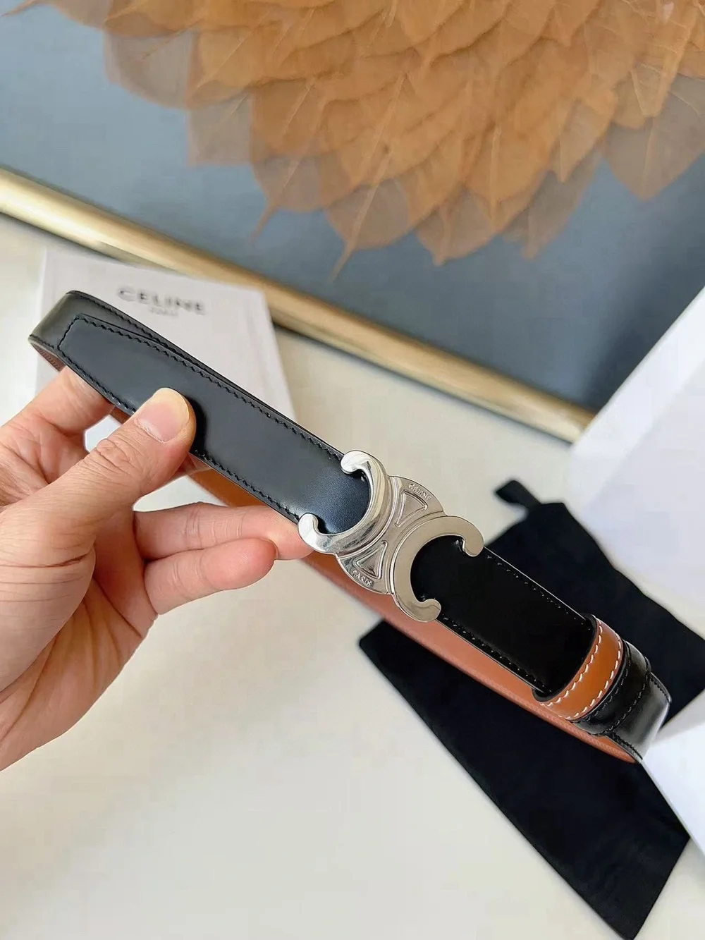 Celine Tan Leather Belt with Silver Triomphe Buckle